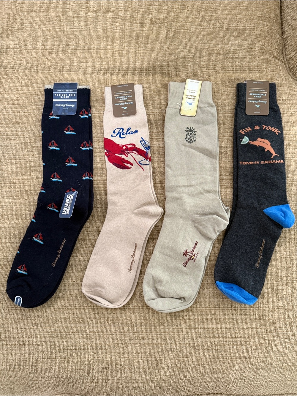 Lot 4 Tommy Bahama Men's Patterned Casual Socks Navy, Light Pink, Tan, Charcoal